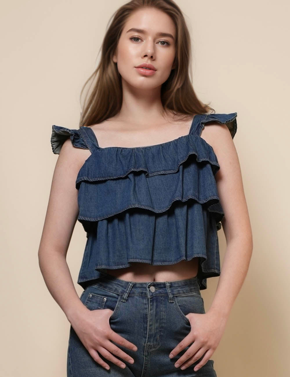 Ladies Square Neck Ruffle Denim Cami Top SKT50123