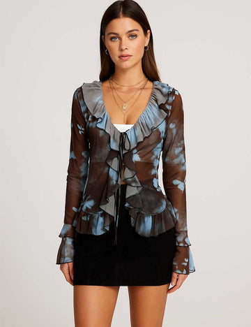SKTKX32 Women V-Neck Butterfly Print Long Sleeve Top