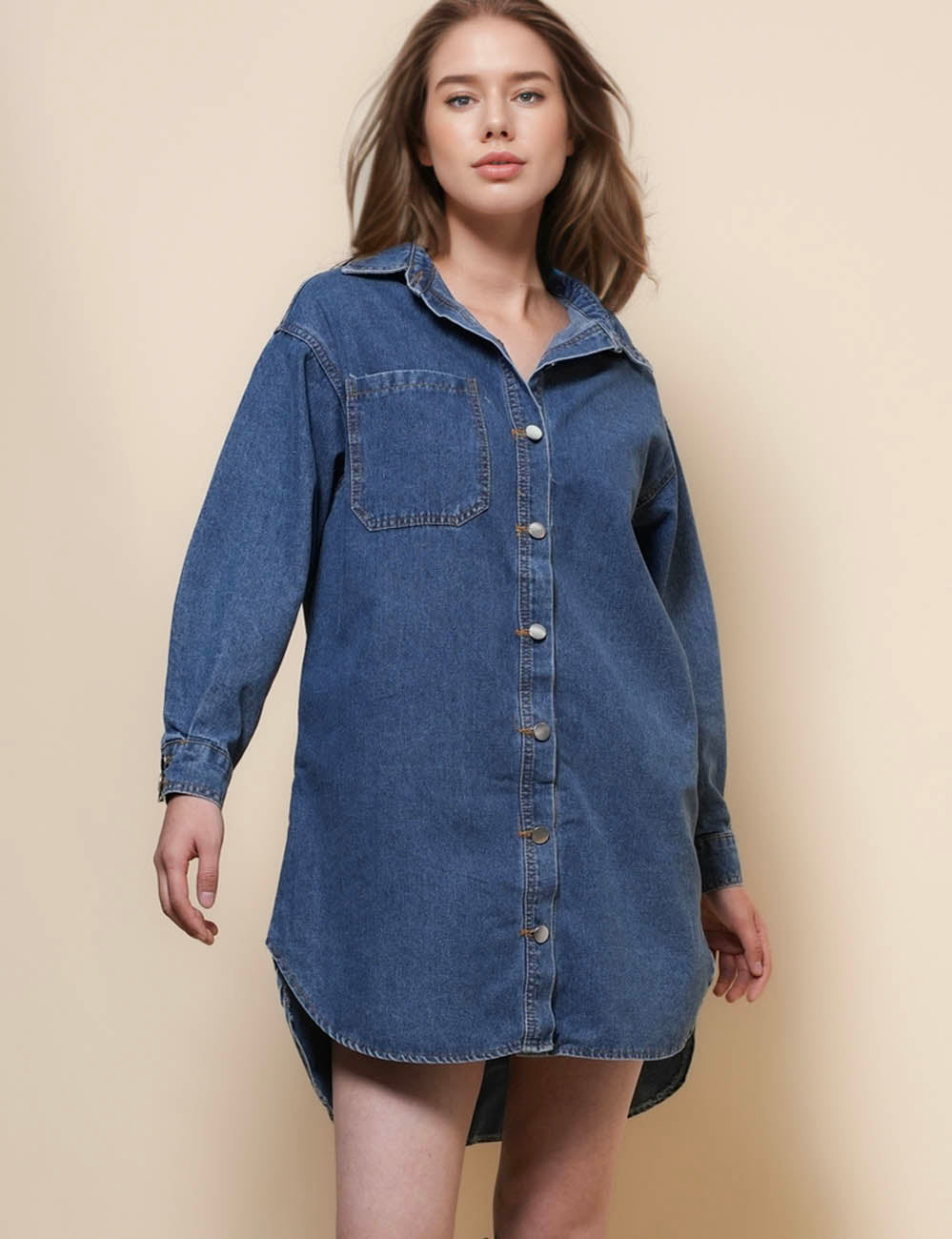 Ladies Turn Down Collar Denim Mini Dress SKD50120