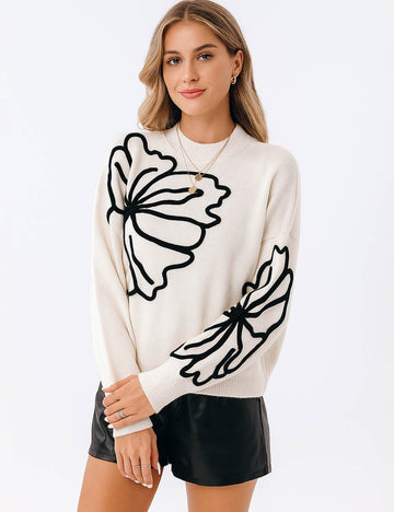 Ladies Color Block Floral Embroidery Pullover Sweater