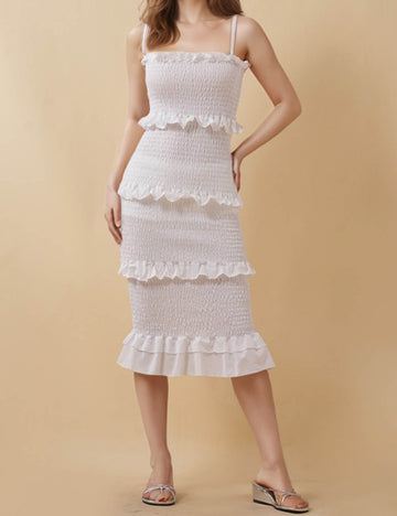 Ladies Solid Color String Shoulder Ruched Hip Wrap Midi Dress