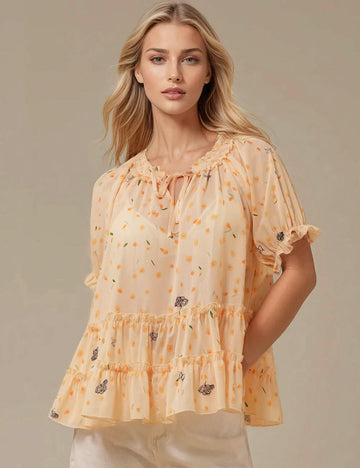 Ladies Floarl Chiffon Sgort Sleeves Citrus Bloom Top SKST5M5T