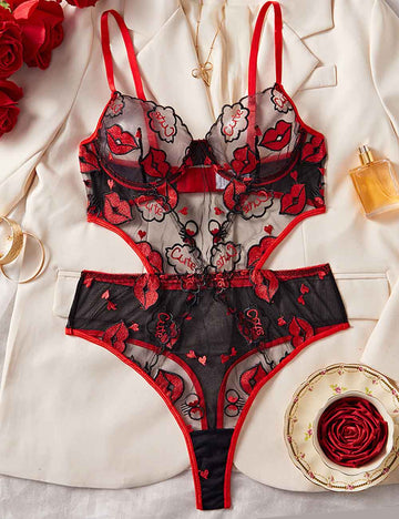 Ladies Lip Embroidery Sheer Mesh Cut-Out Lingerie Teddy