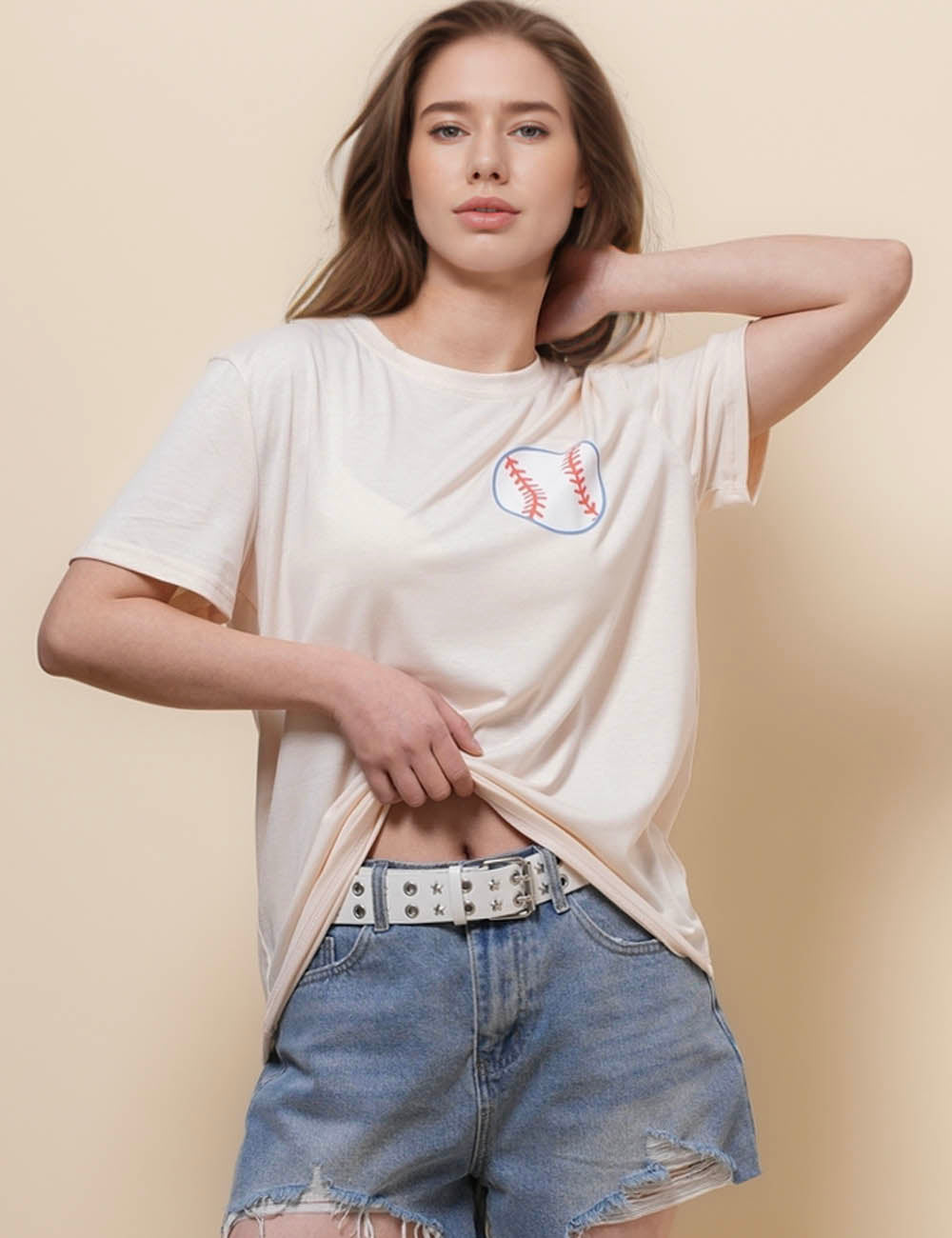 Ladies Round Neck Short Sleeves Print T-Shirt SKT50443