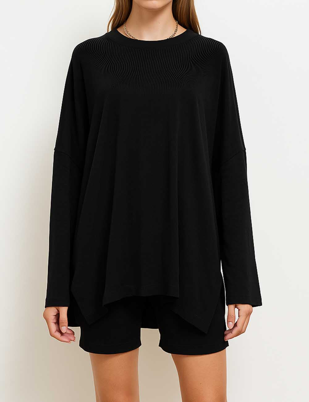 Ladies Side Split Loose Top & Slim Shorts 2PCS Set