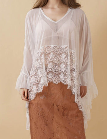 Ladies V-Neck See Through Floral Embroidery Mesh Blouse