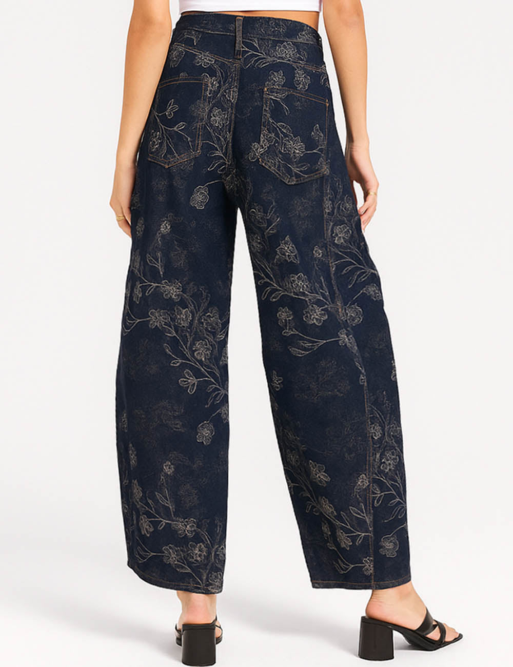 Ladies Vintage Jeans Floral Print Button Barrel Denim Pants