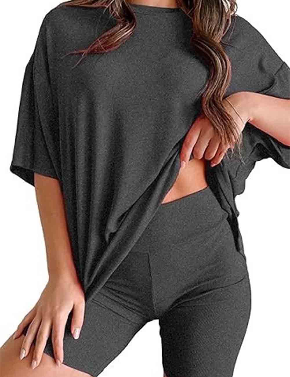 Ladies Round Neck Solid Color Short Sleeves Top & Shorts 2PCS Set