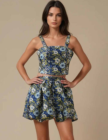 Ladies Multicolor Floral Pattern Sleeves Puff Tank Top & Skirt Set
