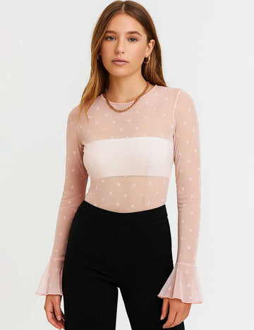 Ladies Heart Pattern Round Neck Flared Sleeves Layering Top