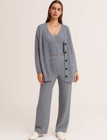 Ladies Cable Knit Top Open Cardigan Pants 3PCS Set