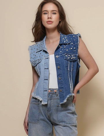 Ladies Chic Sleeveless Beads Denim Vest SKT50045