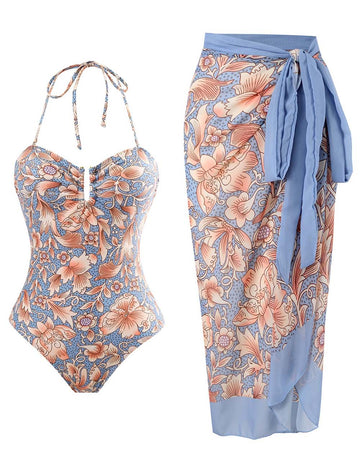 Ladies String Tie Floral Print One Piece Swimwear with Salong