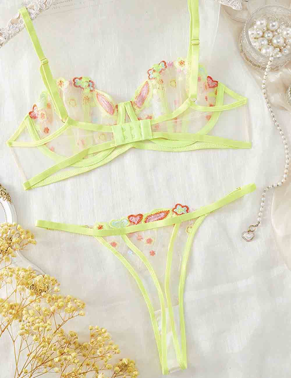 Ladies Floral Embroidery See Through 2PCS Lingerie Set 8MY96630