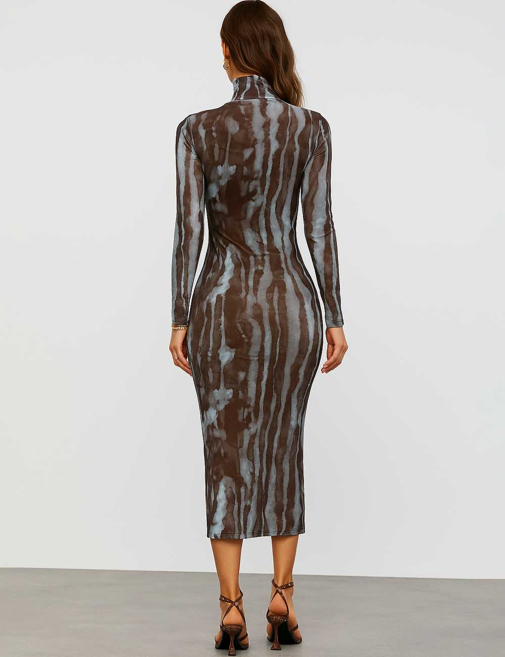 Ladies Striped Print Turtleneck Long Sleeve Maxi Dress