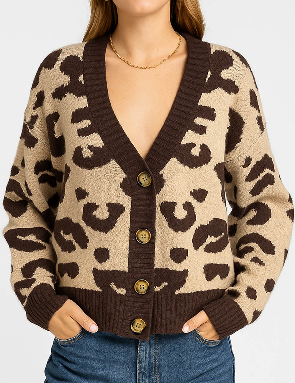 Ladies Leopard V-Neck Button Front Knit Cardigan