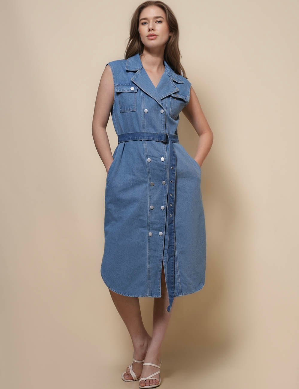 Ladies Turndown Collar Sleeveless Denim Midi Dress SKD50038