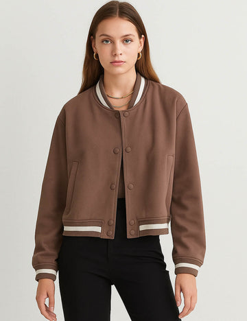 Ladies Color Block Baseball Collar Button Front Cropped Jacket