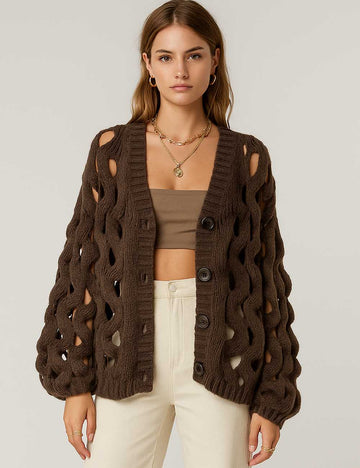 Ladies Chunky Knit Round Hollow Out V-Neck Sweater Cardigan
