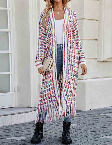 Ladies Multi Color Front Open Tassels Chunky Knit Cardigan