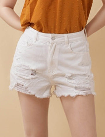 Ladies White Distressed Frayed Edge Button Pocket Denim Shorts