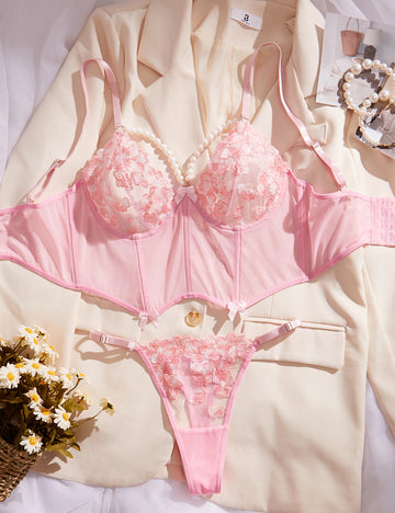 Ladies Floral Embroidery lingerie Corset Set SKLG4162