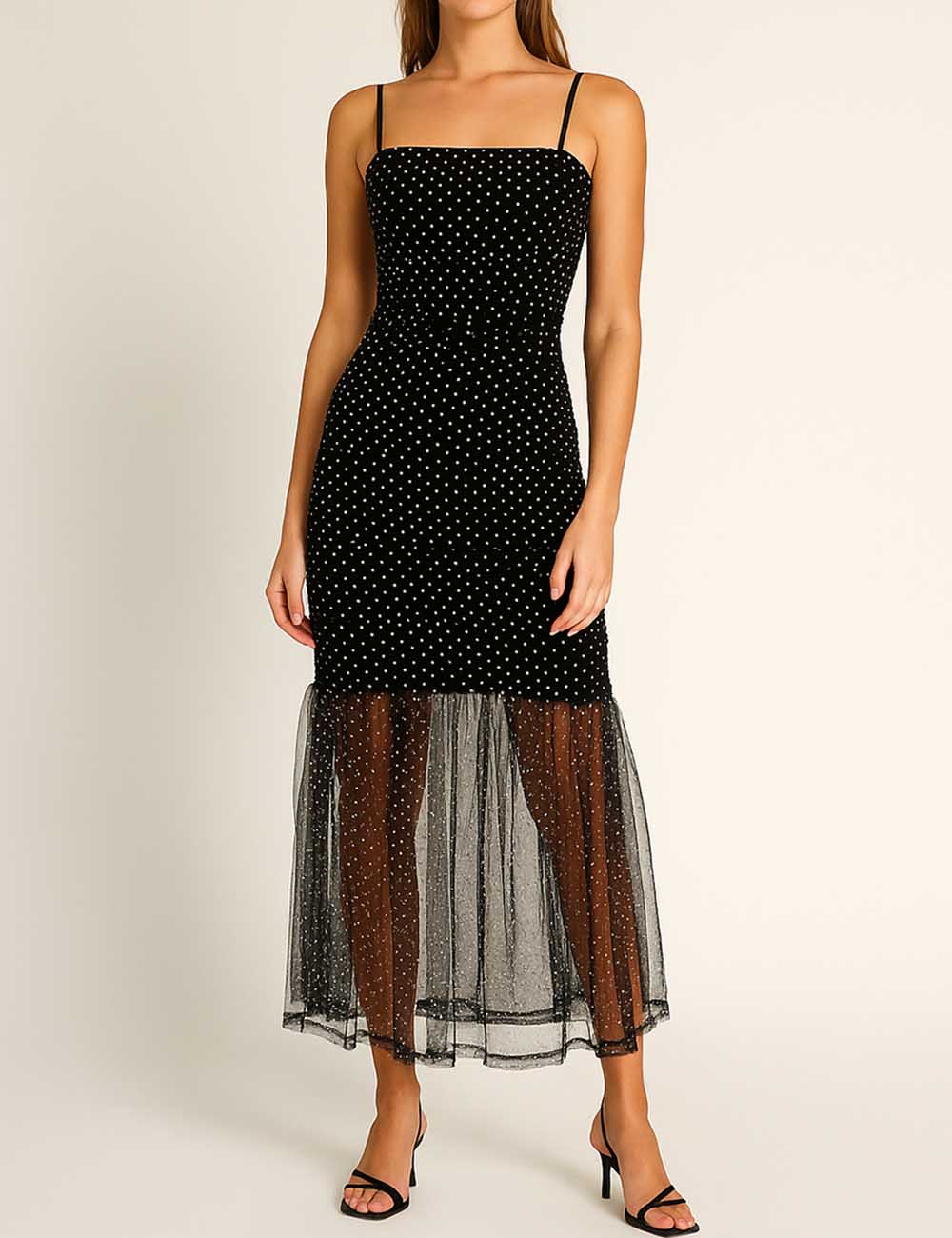 Ladies Polka Dot Bodycon Spaghetti Strap Sleeveless Maxi Dress