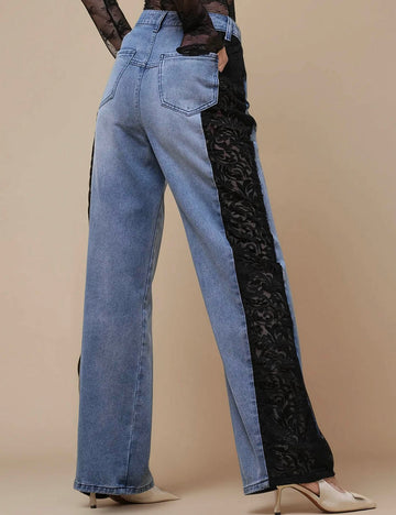 Ladies High Waist Straight Leg Lace Splice Jeans SKP50066