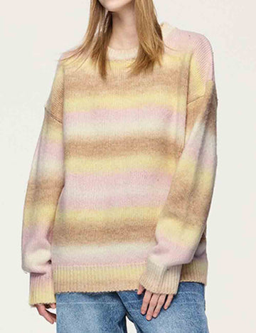 Ladies Round Neck Long Sleeves Ombre Knit Sweater