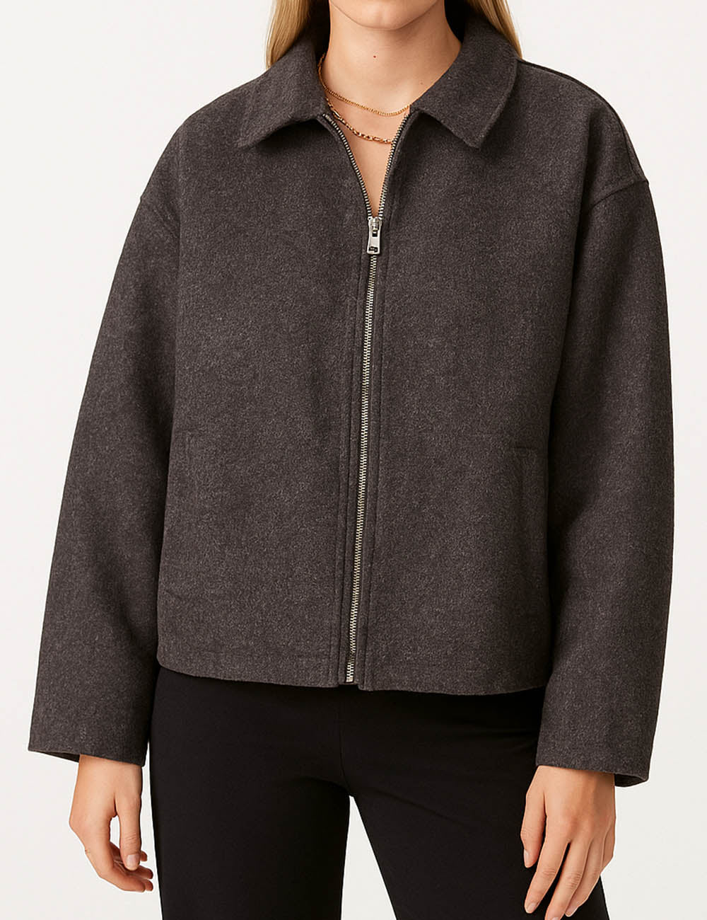 Ladies Wool-Blend Coat Zip-Up Turn Down Collar Jacket