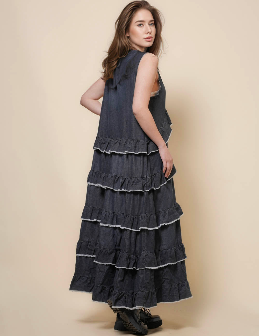 Ladies V-Neck Brushbed Splice Denim Midi Dress SKD50029