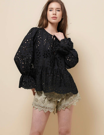Ladies String Tie Long Sleeves Hollow Out Top SKT51086