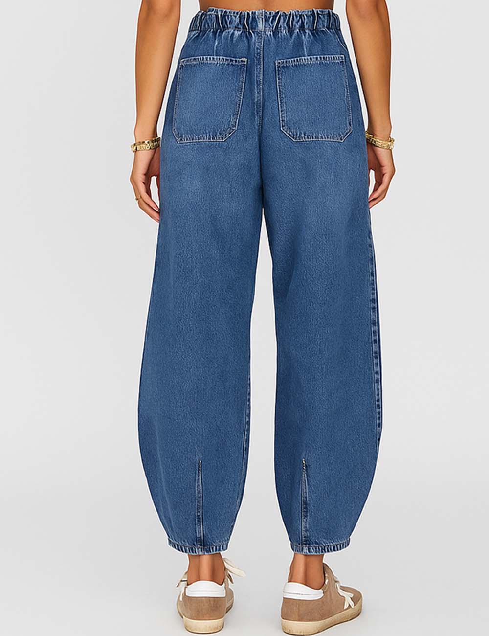 Ladies Elastic Waist String Tie Balloon Leg Denim Pants