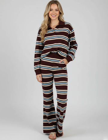 Ladies Striped Polo Collar Flared Leg Sweatshirt & Pants Set