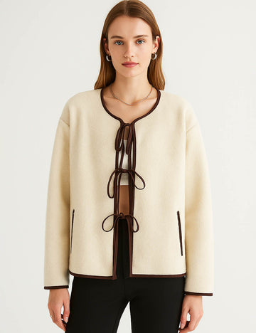 Ladies Color Block Round Neck Tie Faux Sherpa Jacket