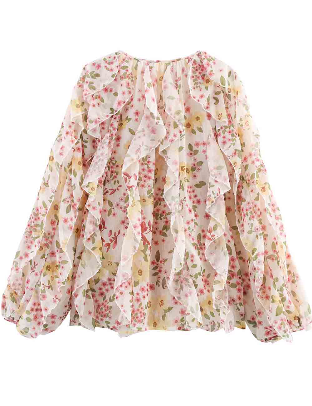 Ladies Floral Print Ruffle V-Neck Long Sleeves Blouse