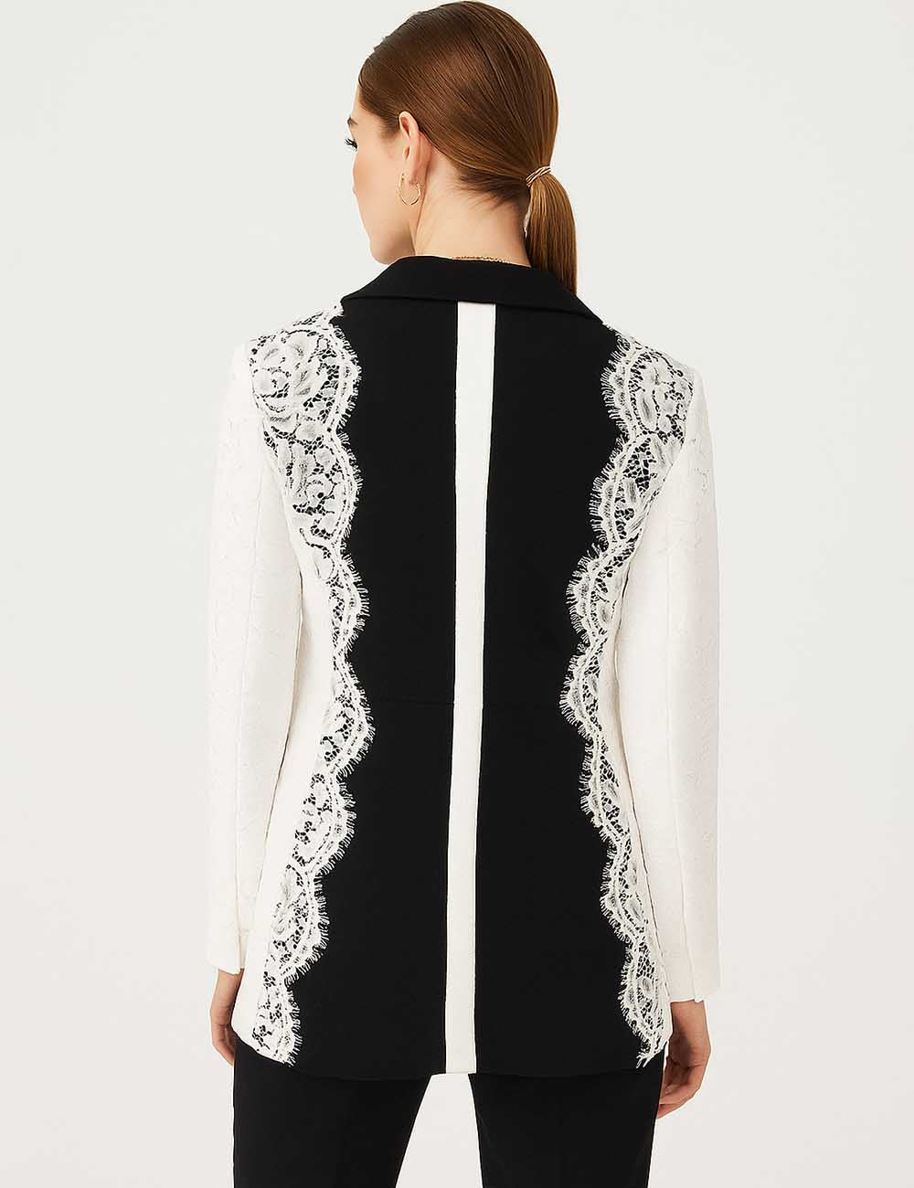 Ladies Color Block Lace Embroidery Notched Lapel Blazer