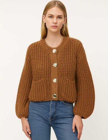 Ladies Solid Color Round Neck Long Sleeves Cable Knit Cardigan