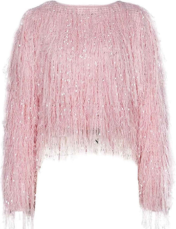 Ladies Solid Color Tassels Long Sleeves Sweater Top