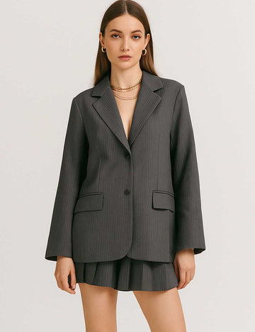 Ladies Striped Notched Lapel Blazer Pleated Mini Skirt 2PCS Set