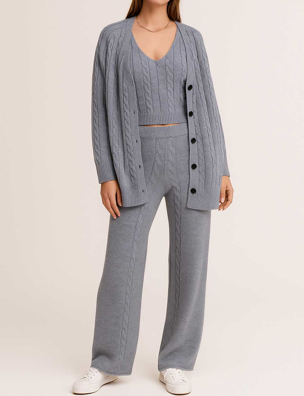 Ladies Cable Knit Top Open Cardigan Pants 3PCS Set