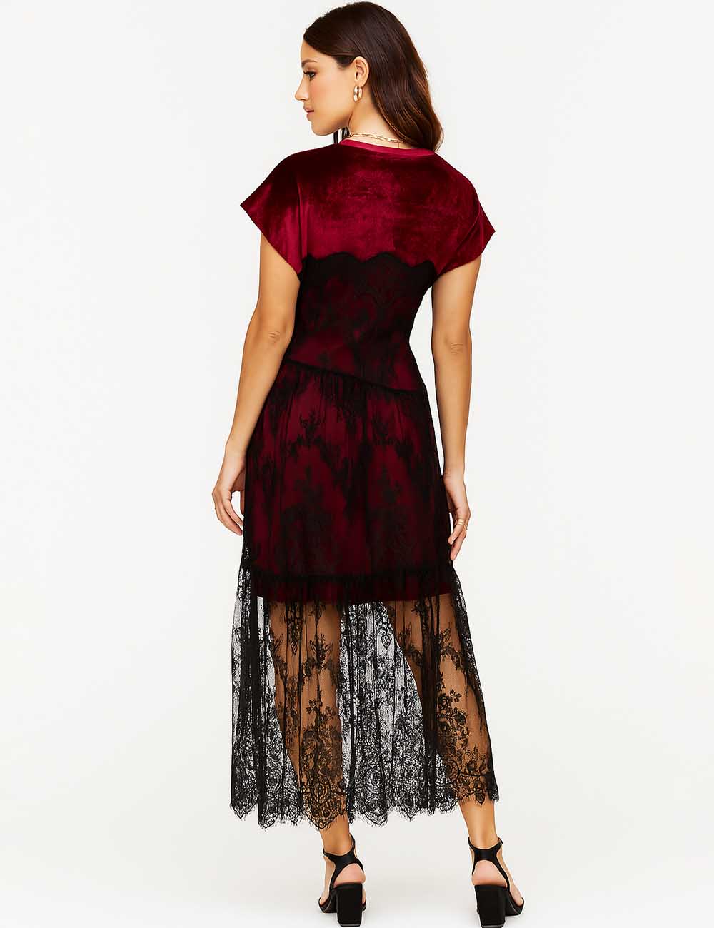 Ladies Round Neck Elegant Velvet Lace Maxi Dress