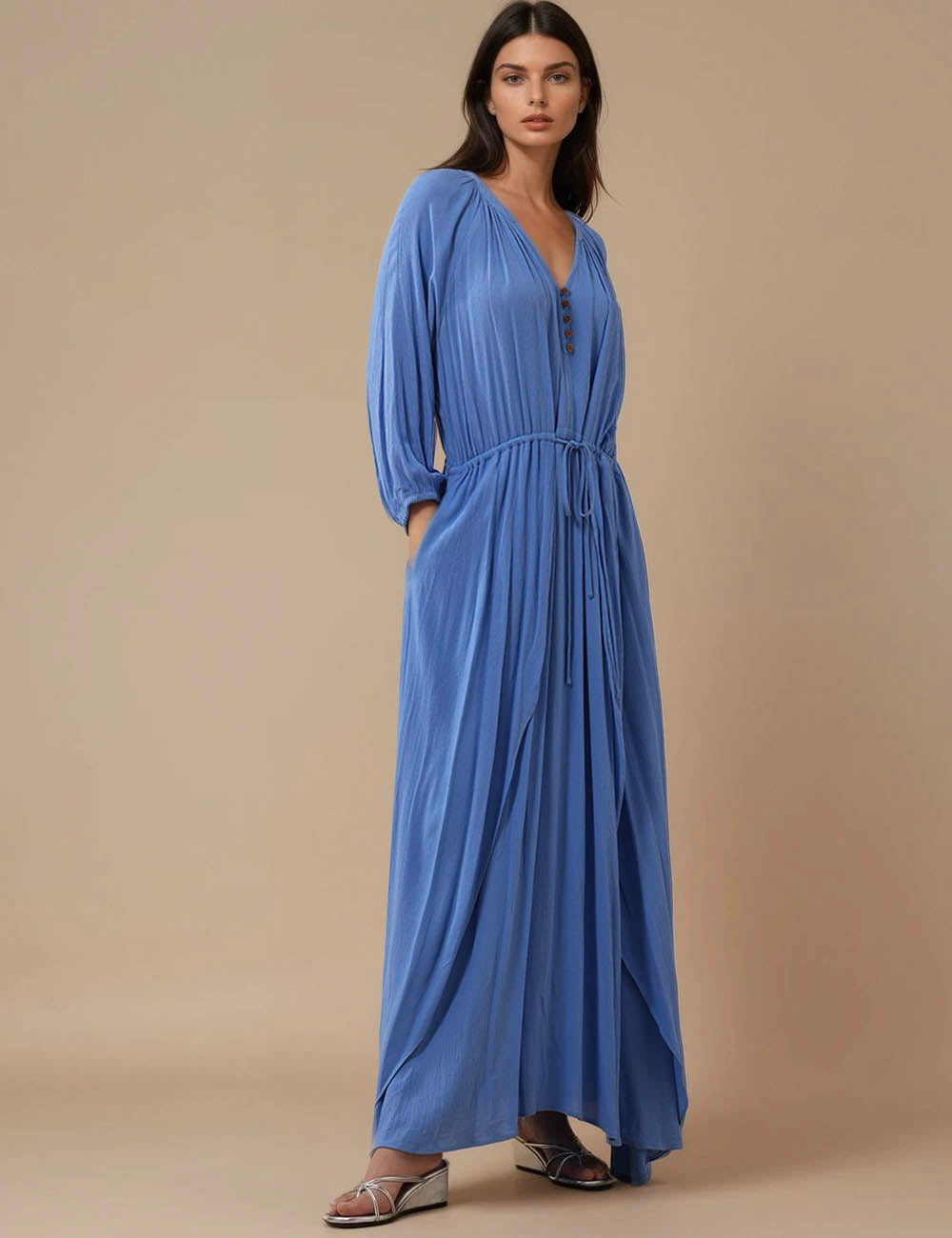 Ladies Solid Color Guazy V-Neck Maxi Dress SKD5K16