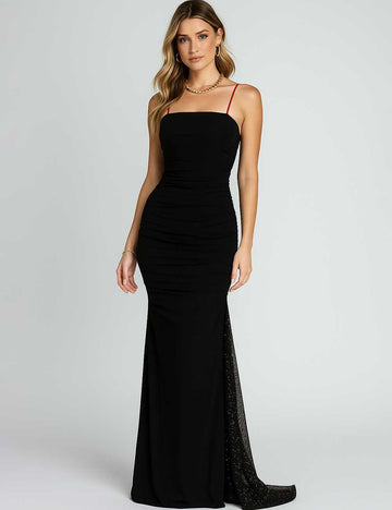Ladies Party Ruched Rhinestone Spaghetti Strap Bodycon Maxi Dress