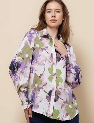 Ladies Turndown Collar Long Sleeves Floral Shirt SKT51275