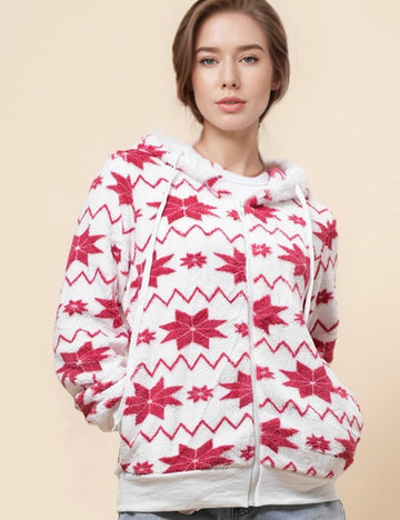 Ladies Christmas Snow Coral Fleece Zip Hooded Jacket SKT41016