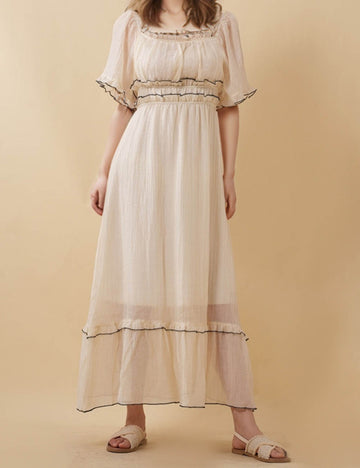 Ladies Color Block Ruffle Elastic Waist Short Sleeves Maxi Dress