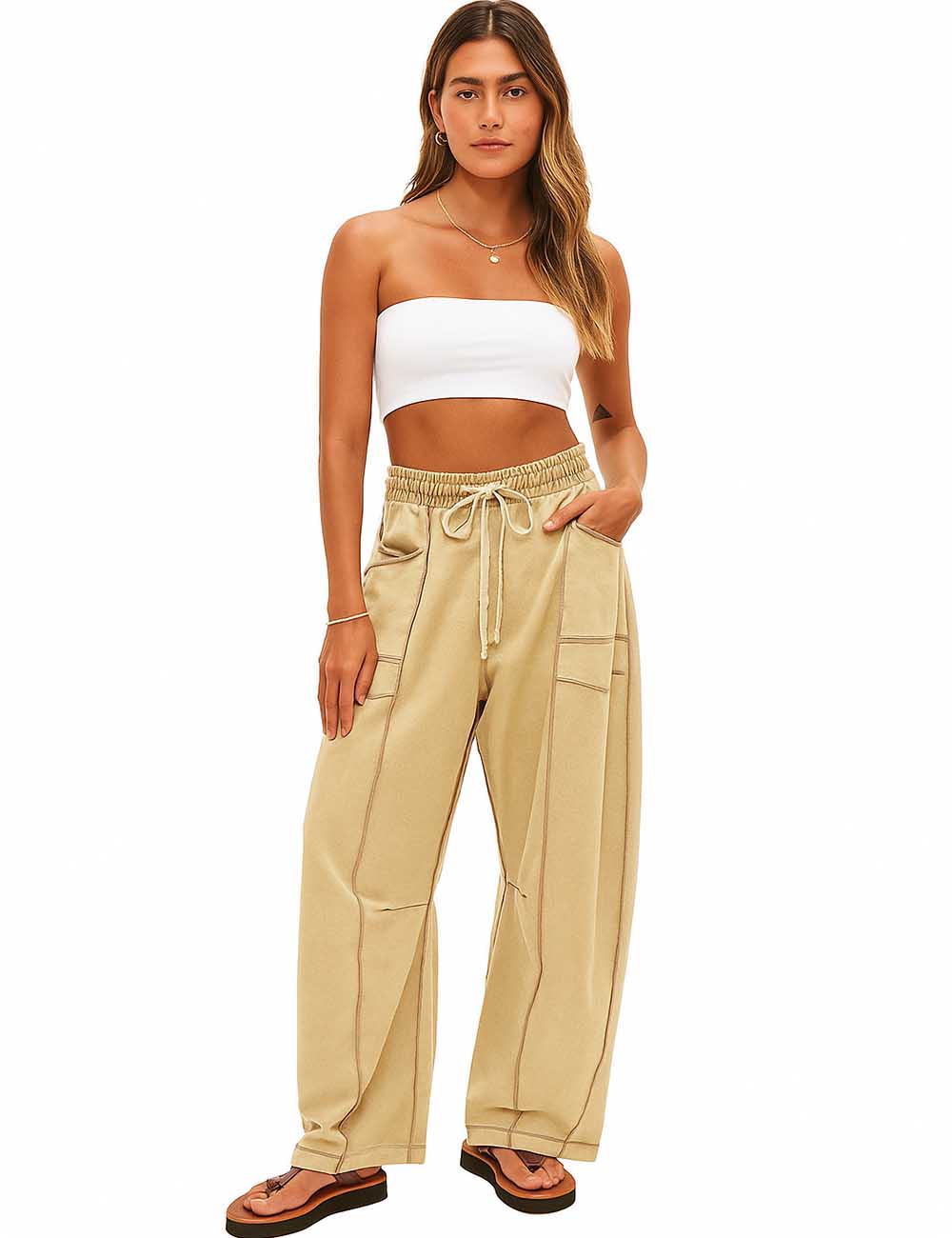 Ladies Contrast Stitching Elastic Waist Drawstring Barrel Pants
