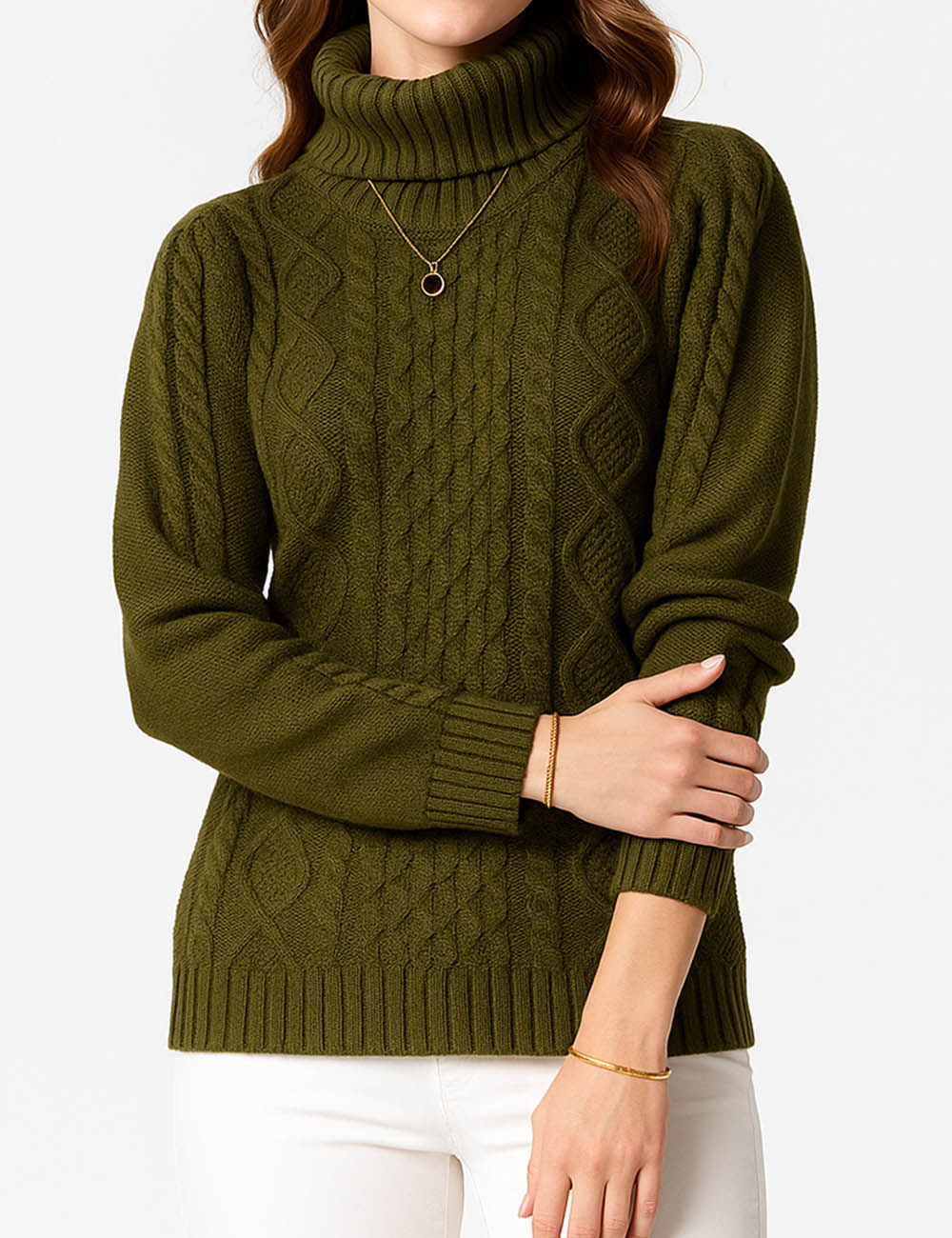 Ladies Turtle Neck Cable Knit Long Sleeves Sweater Top