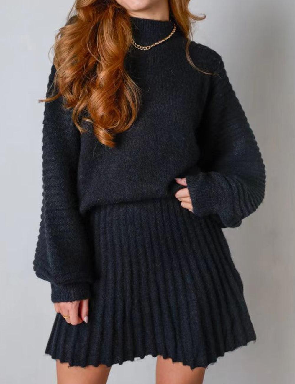 Ladies Solid Color Pullover Sweater Dress & Mini Skirt Set SKST41008